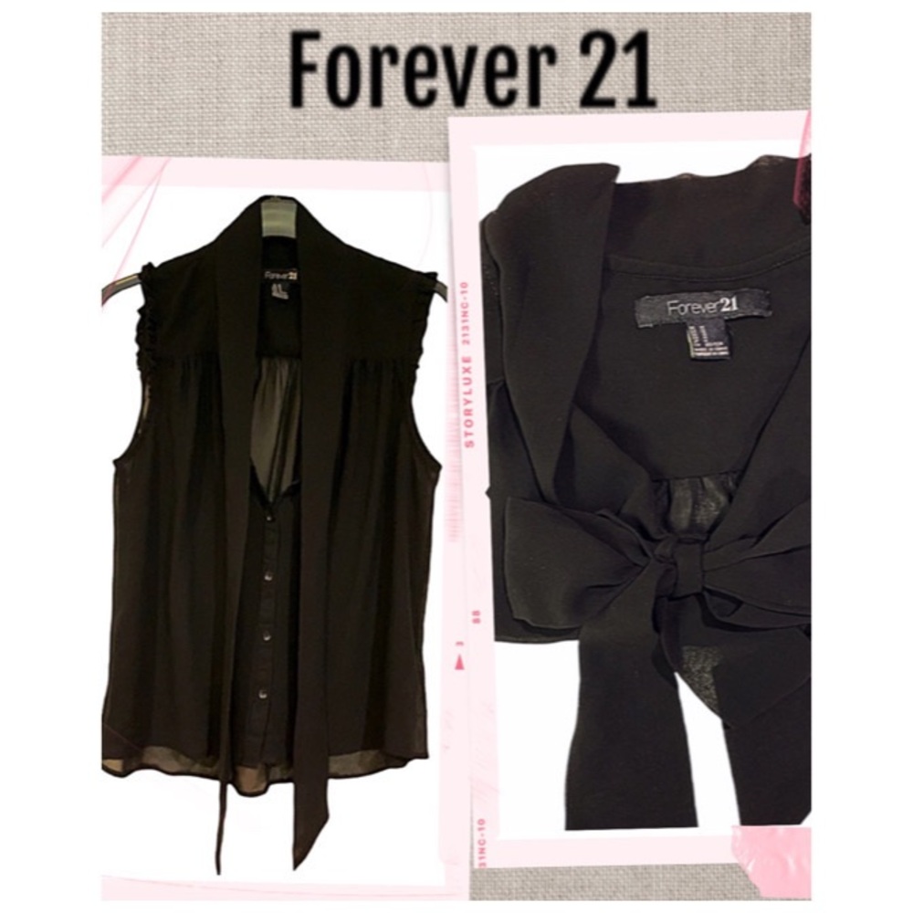 Flash Sale Forever 21 Blouse Black Sheer silk-chiffon like bow tie design Size M